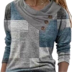 Patchwork Cowl Neck Thin Sweater with Button Trim - Gray Blue